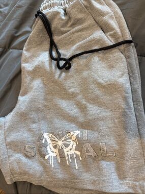 ROMWE Gray Drawstring Shorts with White Butterfly Graphic